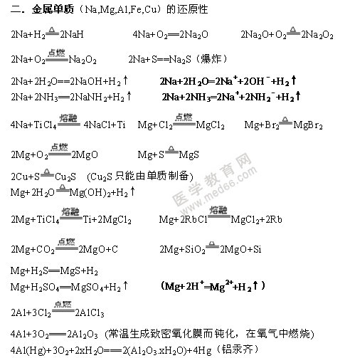 金屬單質(zhì)-無機化學方程式