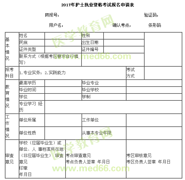 2017年護(hù)士考試報(bào)名申請表