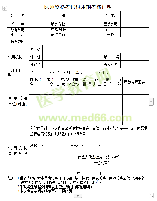 國家2019年醫(yī)師資格考試報名《試用期考核證明表》下載