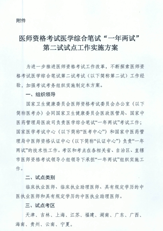 國家衛(wèi)健委關(guān)于在天津等12個(gè)考區(qū)開展“一年兩試”試點(diǎn)工作的通知！