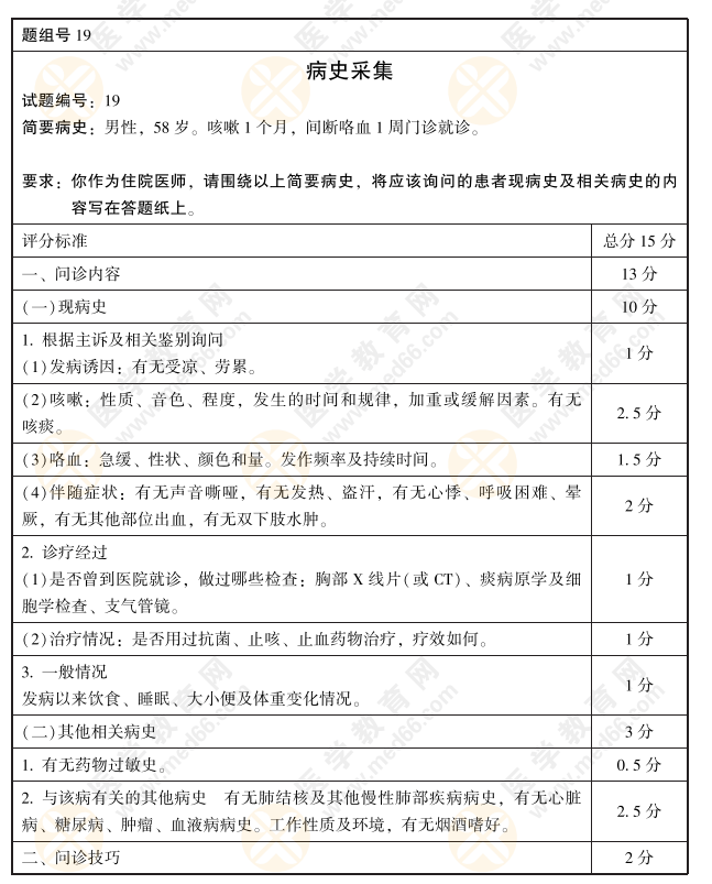 全國2021年臨床執(zhí)業(yè)醫(yī)師實(shí)踐技能評(píng)分手冊(cè)：病史采集和病例19題