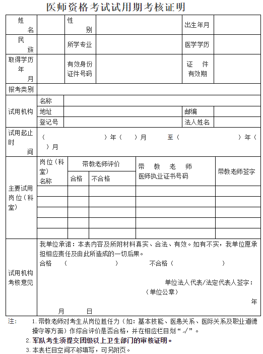 2022年醫(yī)師資格考試試用期考核證明