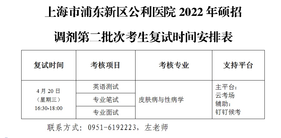 上海市浦東新區(qū)公利醫(yī)院2022年碩招調(diào)劑第二批次考生（皮膚與性病學(xué)專業(yè)）復(fù)試時(shí)間安排表